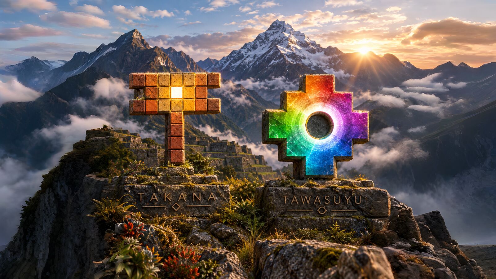 Two stone crosses on an Andean summit at dawn: on the left takana’s, made of ochre bricks; on the right tawasuyu’s chakana, in rainbow colours with a hole of light at its centre